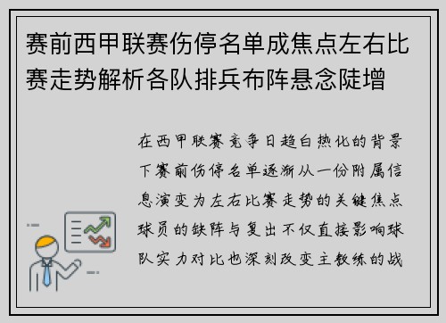 赛前西甲联赛伤停名单成焦点左右比赛走势解析各队排兵布阵悬念陡增 赛前西甲联赛伤停名单成焦点左右比赛走势解析各队排兵布阵悬念陡增